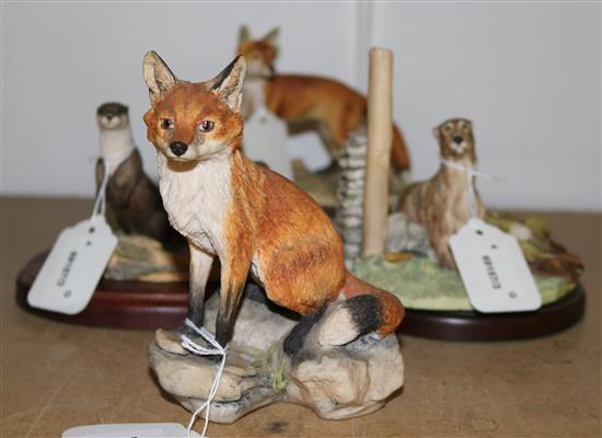 Border Fine Arts model of a lurcher by Elizabeth Waugh, two models of foxes & an otter group